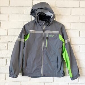 London Fog Kid 10-12 Waterproof Lined Jacket Full Zip Hood Gray Green Reflective